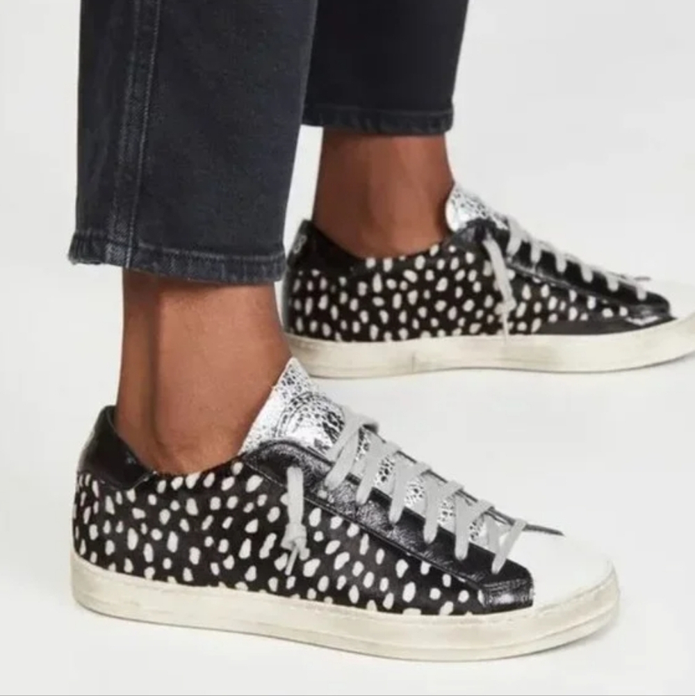 P448 Women Shoes Black John Leather Calf Hair Low Top Sneakers Casual EU 36 US 6